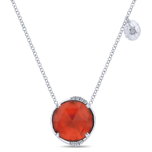 925 Sterling Silver Rock Crystal/Red Onyx and Diamond Pendant Necklace