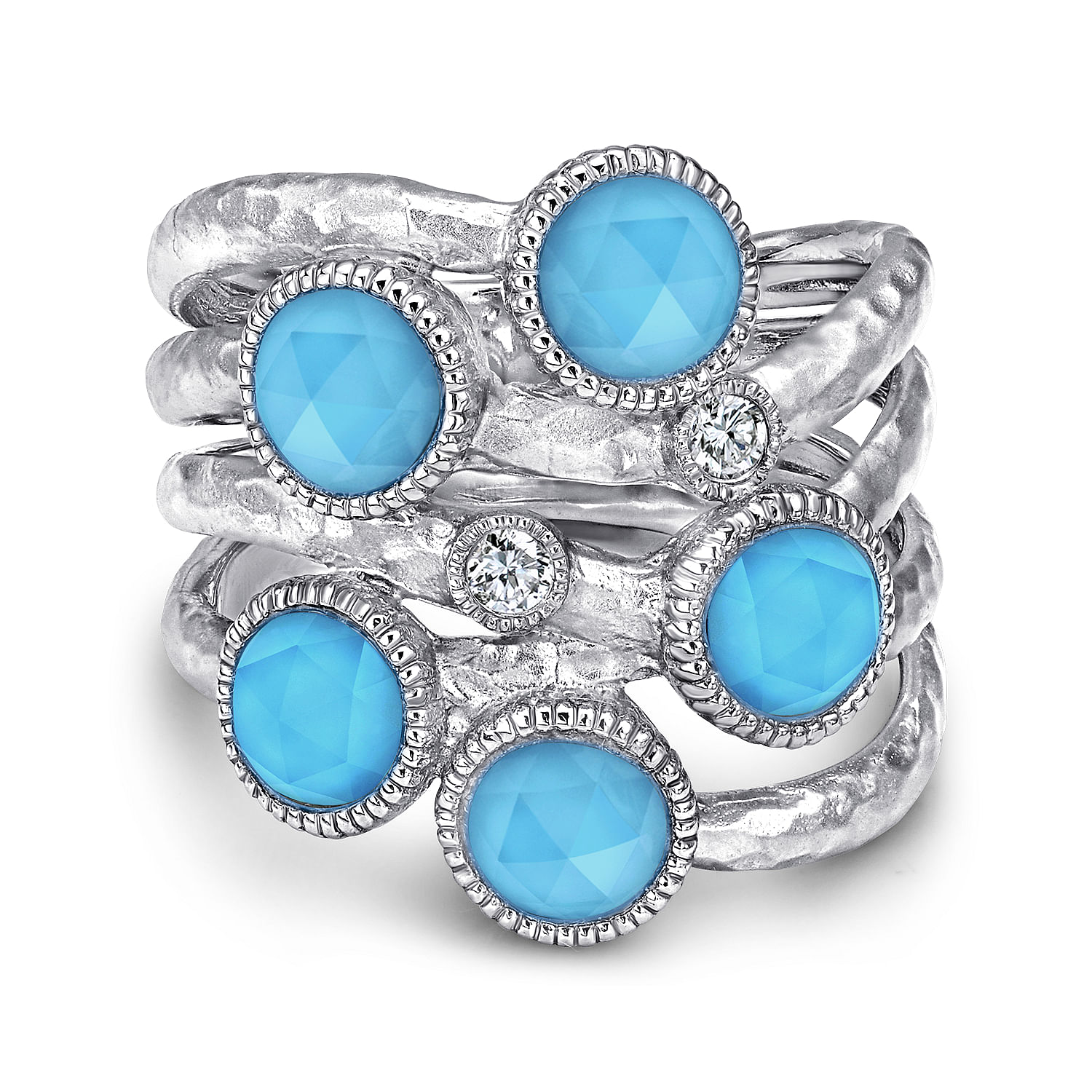 925 Sterling Silver Rock Crystal/Turquoise Bubble Ring with White Sapphire