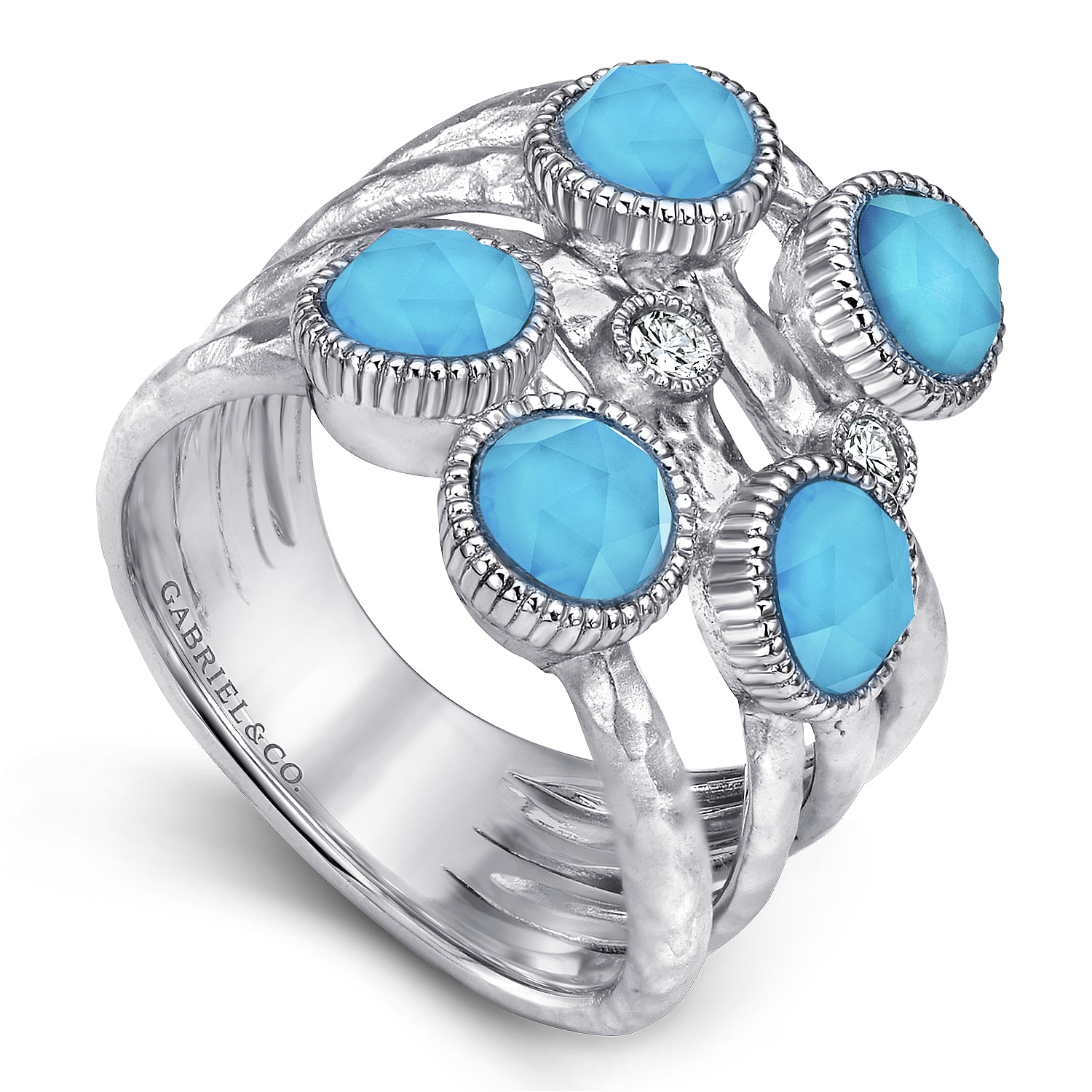 925 Sterling Silver Rock Crystal/Turquoise Bubble Ring with White Sapphire