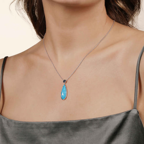925 Sterling Silver Rock Crystal/Turquoise Teardrop Pendant with Sapphire