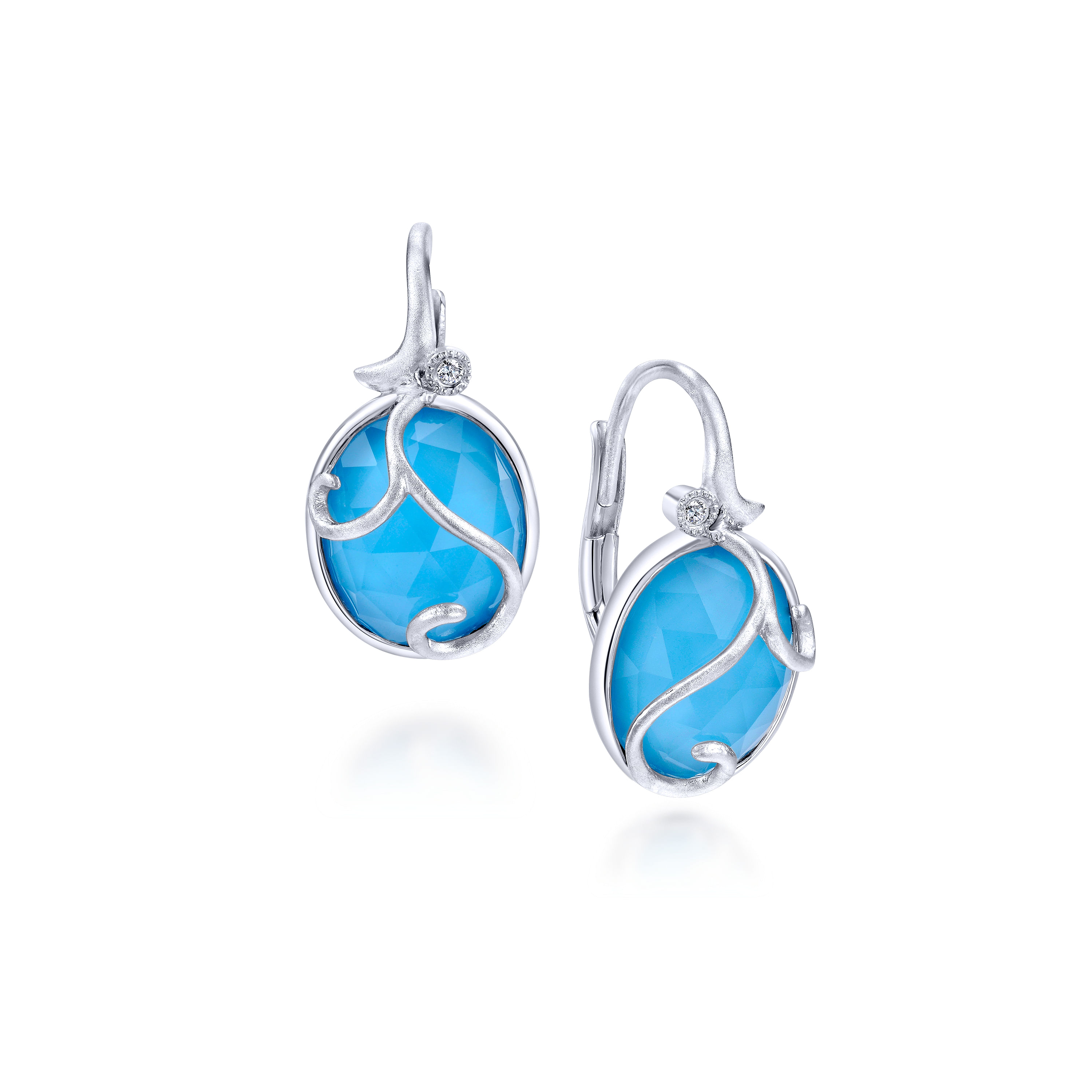 925 Sterling Silver Rock Crystal/Turquoise and Diamond Drop Earrings
