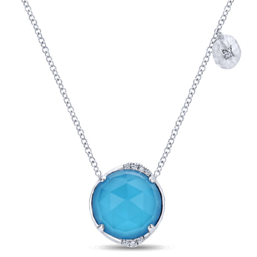 925 Sterling Silver Rock Crystal/Turquoise and Diamond Pendant Necklace