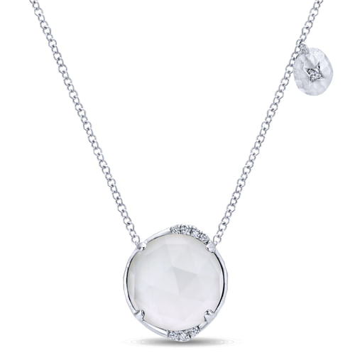 925 Sterling Silver Rock Crystal/White Agate and Diamond Pendant Necklace