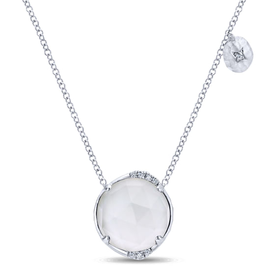 Gabriel - 925 Sterling Silver Rock Crystal/White Agate and Diamond Pendant Necklace