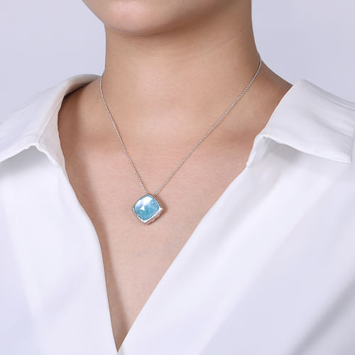 925 Sterling Silver Rock Crystal/White MOP/Turquoise Pendant Necklace