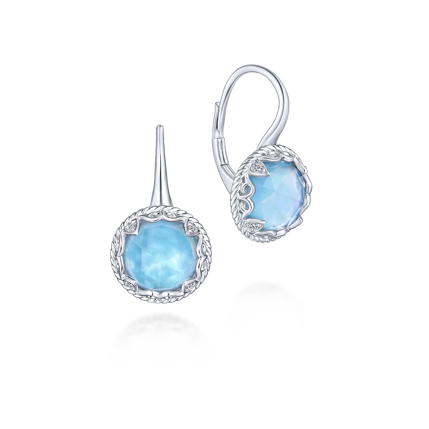 925 Sterling Silver Rock Crystal/White MOP/Turquoise and White Sapphire Drop Earrings