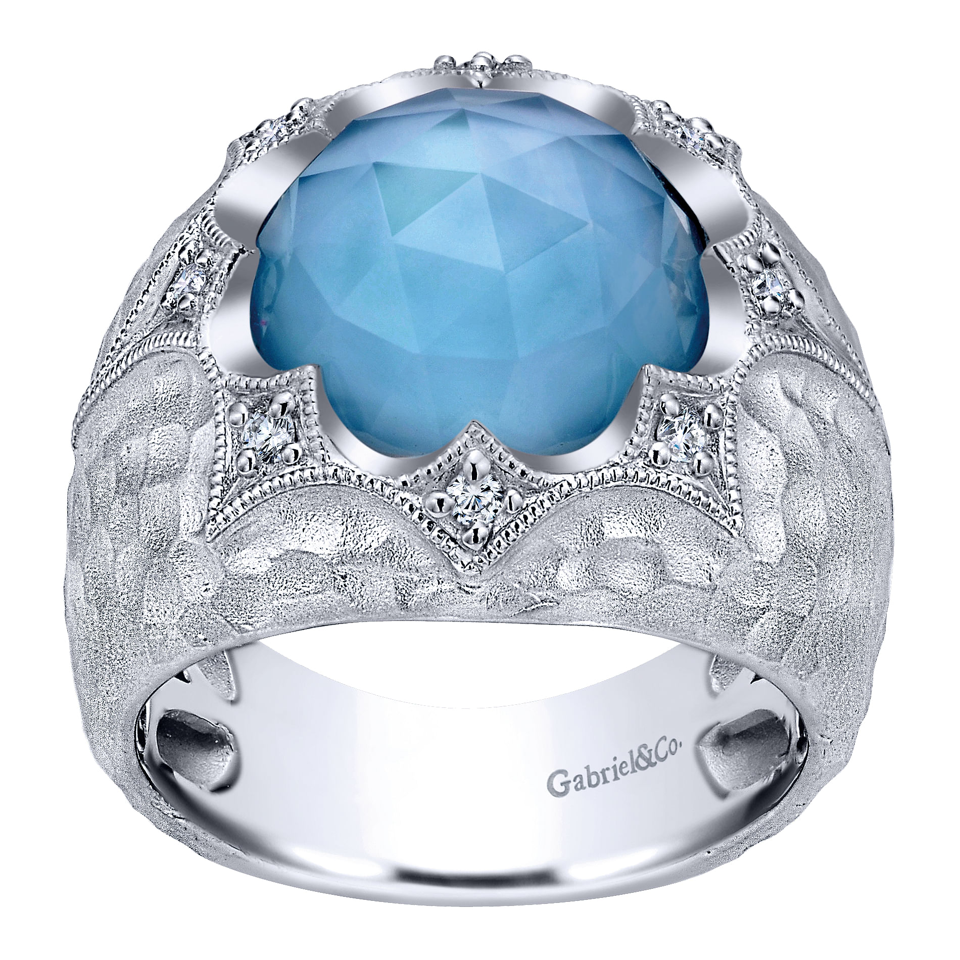 925 Sterling Silver Rock Crystal/White MOP, Turquoise and White Sapphire Halo Ring