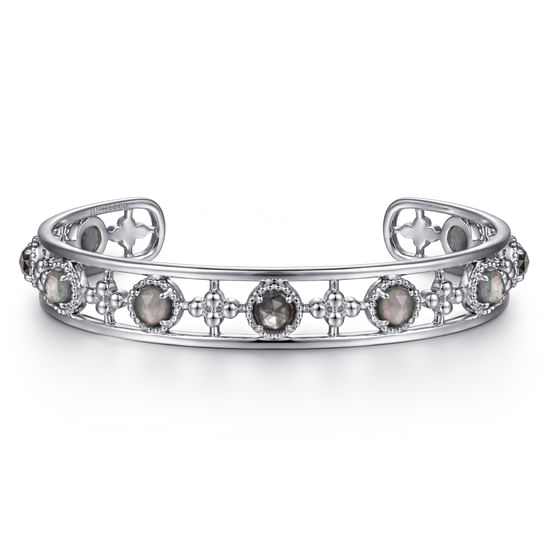 Gabriel - 925 Sterling Silver Rock Crystal and Black MOP Cutout Cuff Bracelet