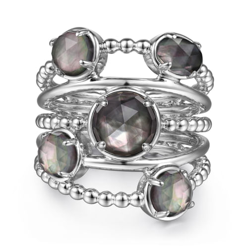 925 Sterling Silver Rock Crystal and Black Mother of Pearl Statement Bubble Ring