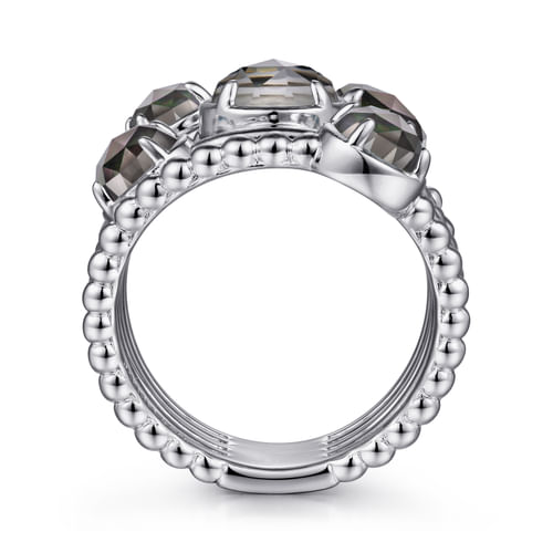 925 Sterling Silver Rock Crystal and Black Mother of Pearl Statement Bubble Ring
