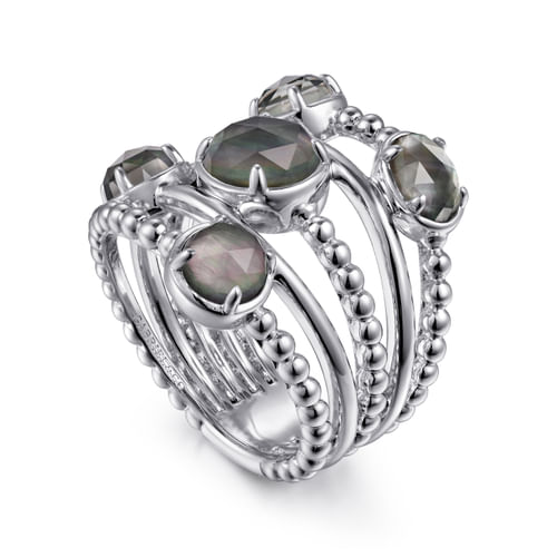 925 Sterling Silver Rock Crystal and Black Mother of Pearl Statement Bubble Ring