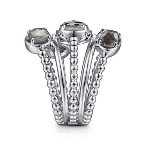925 Sterling Silver Rock Crystal and Black Mother of Pearl Statement Bubble Ring
