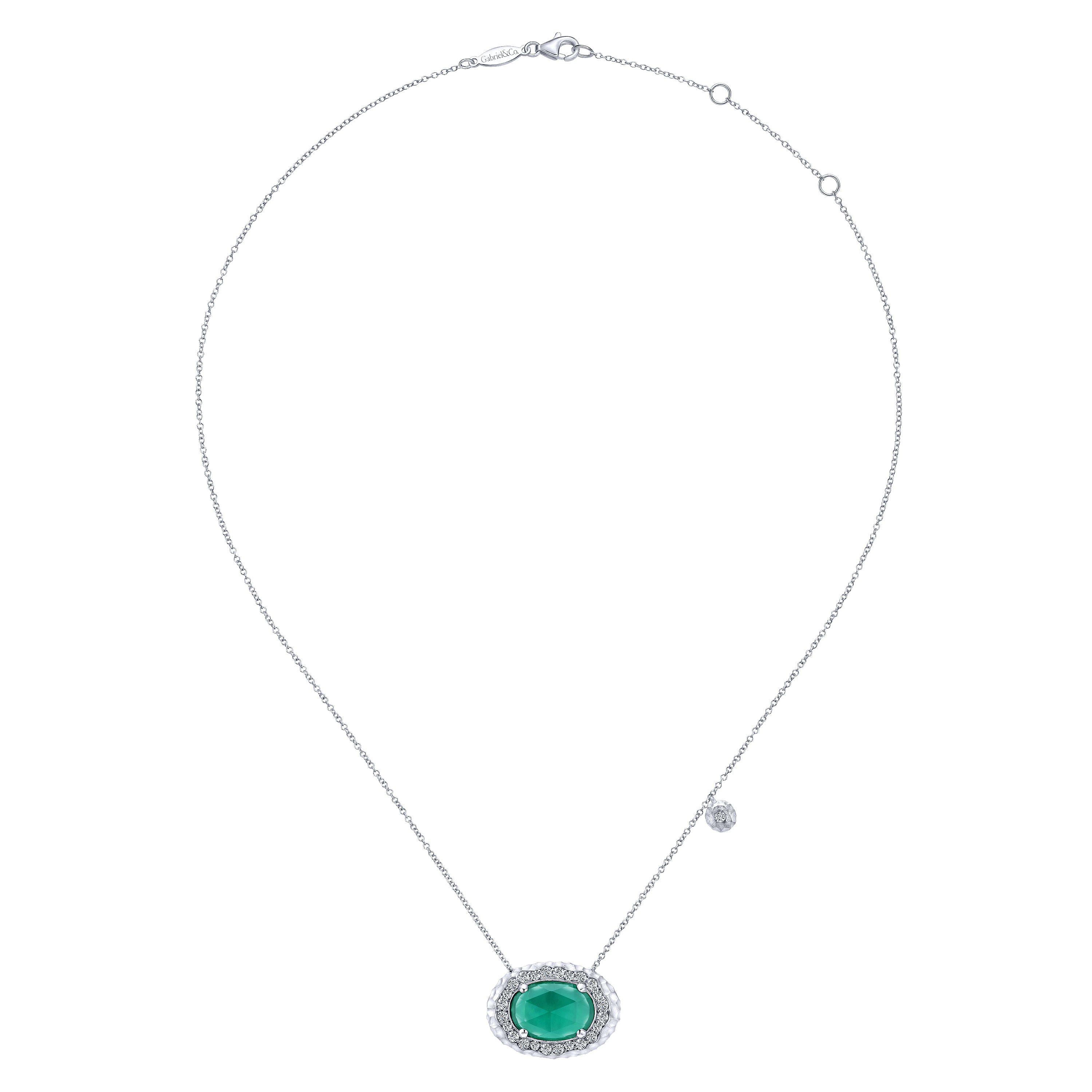 925 Sterling Silver Rock Crystal and Green Onyx Fashion Necklace with White Sapphire Halo