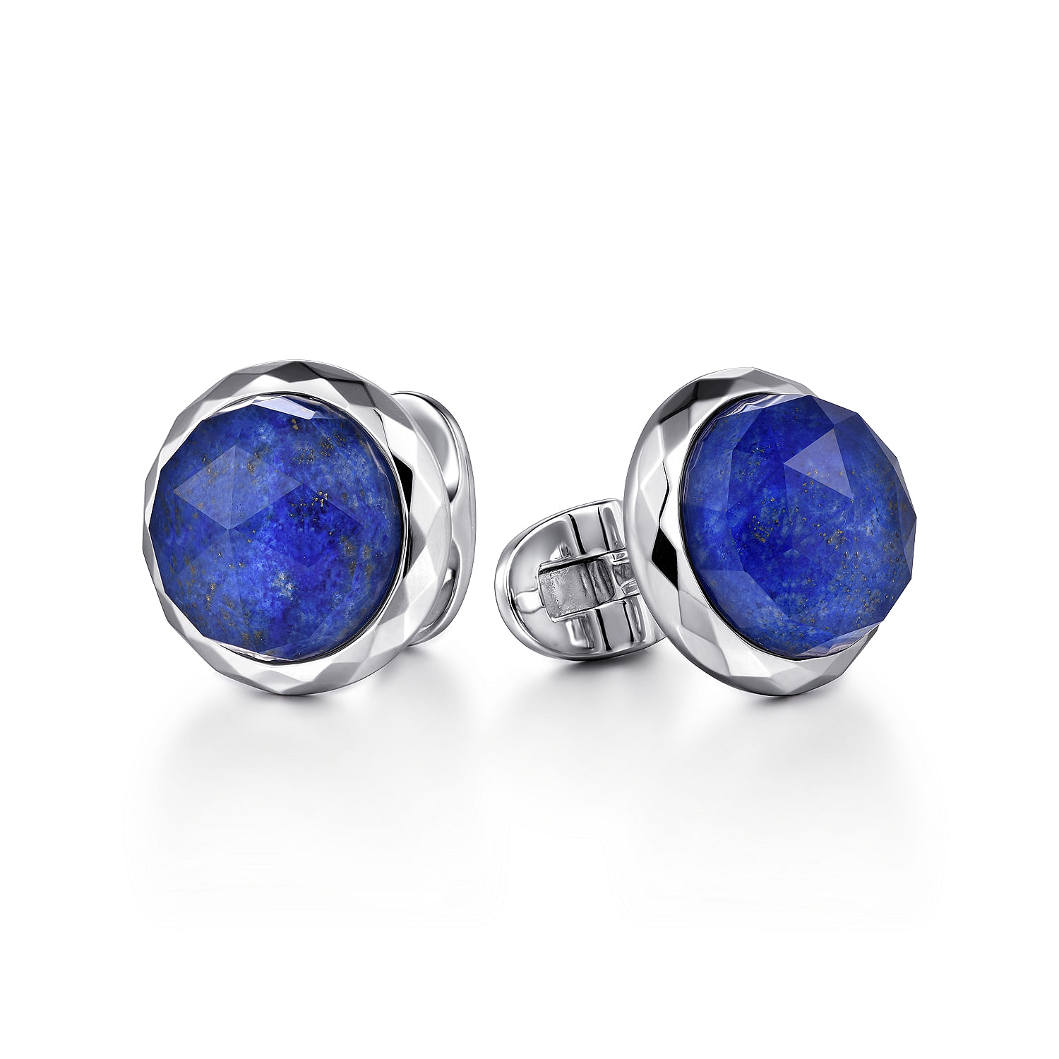 925 Sterling Silver Rock Crystal and Lapis Round Cufflinks