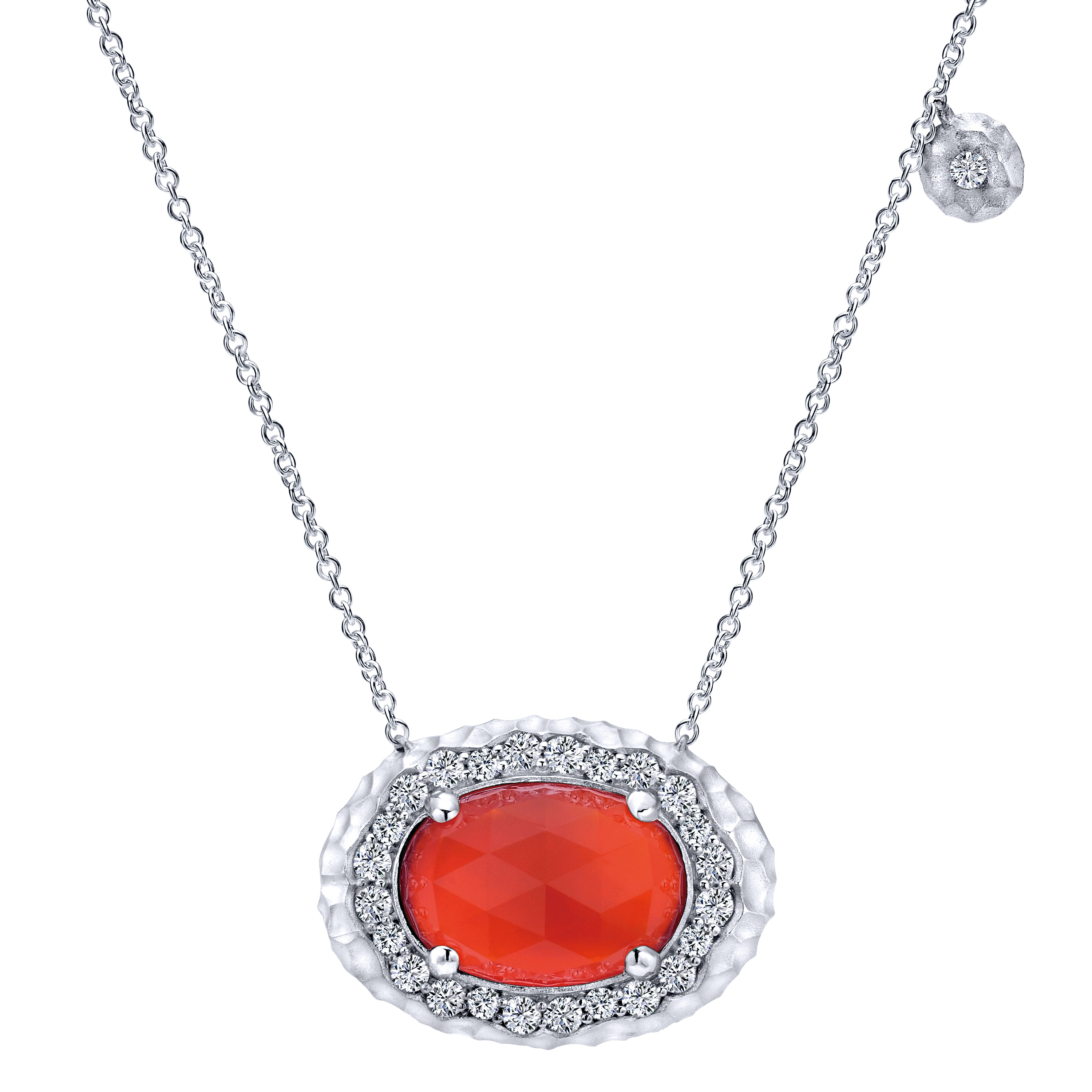 925 Sterling Silver Rock Crystal and Red Onyx Pendant Necklace with White Sapphire Halo