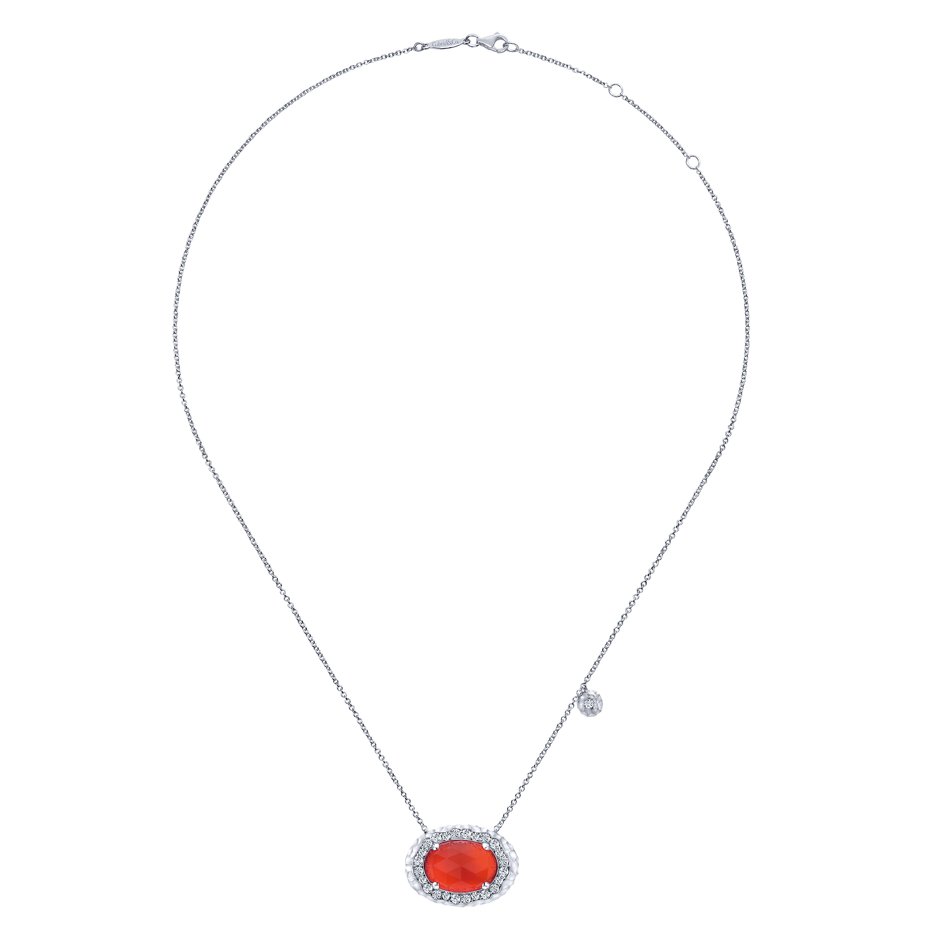 925 Sterling Silver Rock Crystal and Red Onyx Pendant Necklace with White Sapphire Halo