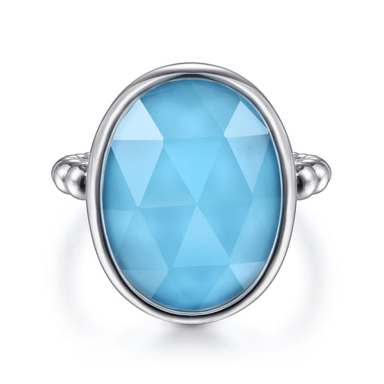 Gabriel - 925 Sterling Silver Rock Crystal and Turquoise Oval Signet Ring