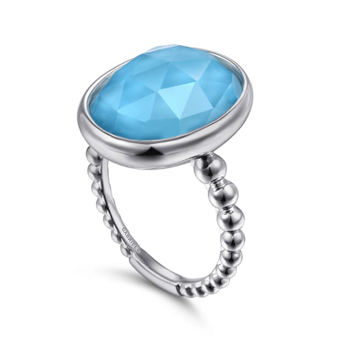 925 Sterling Silver Rock Crystal and Turquoise Oval Signet Ring 925 Sterling Silver Rock Crystal and Turquoise Oval Signet Ring