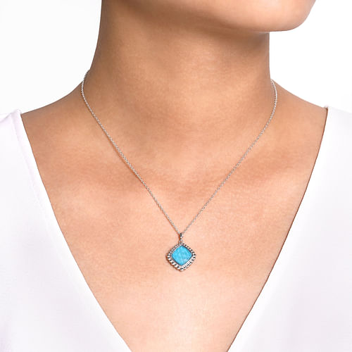 925 Sterling Silver Rock Crystal and Turquoise Pendant Necklace