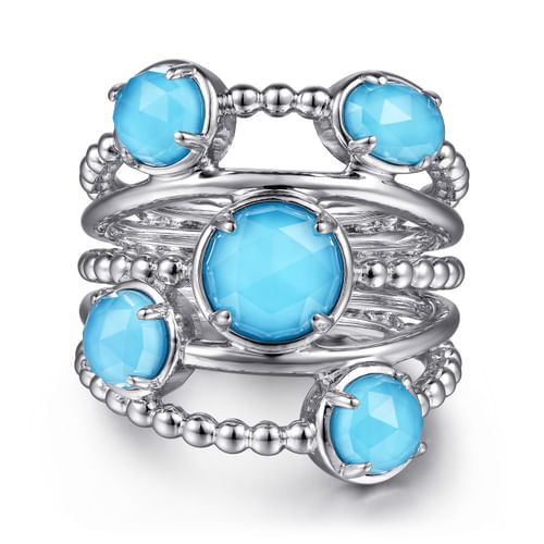 925 Sterling Silver Rock Crystal and Turquoise Statement Bubble Ring