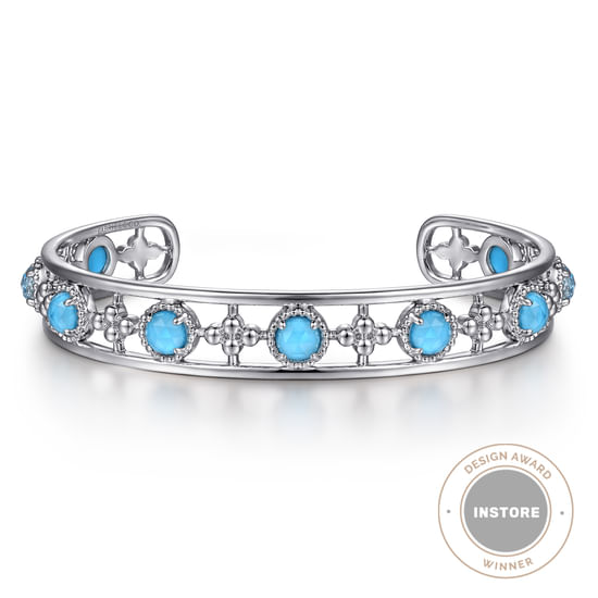 Gabriel - 925 Sterling Silver Rock Crystal and Turquoise Station Cuff