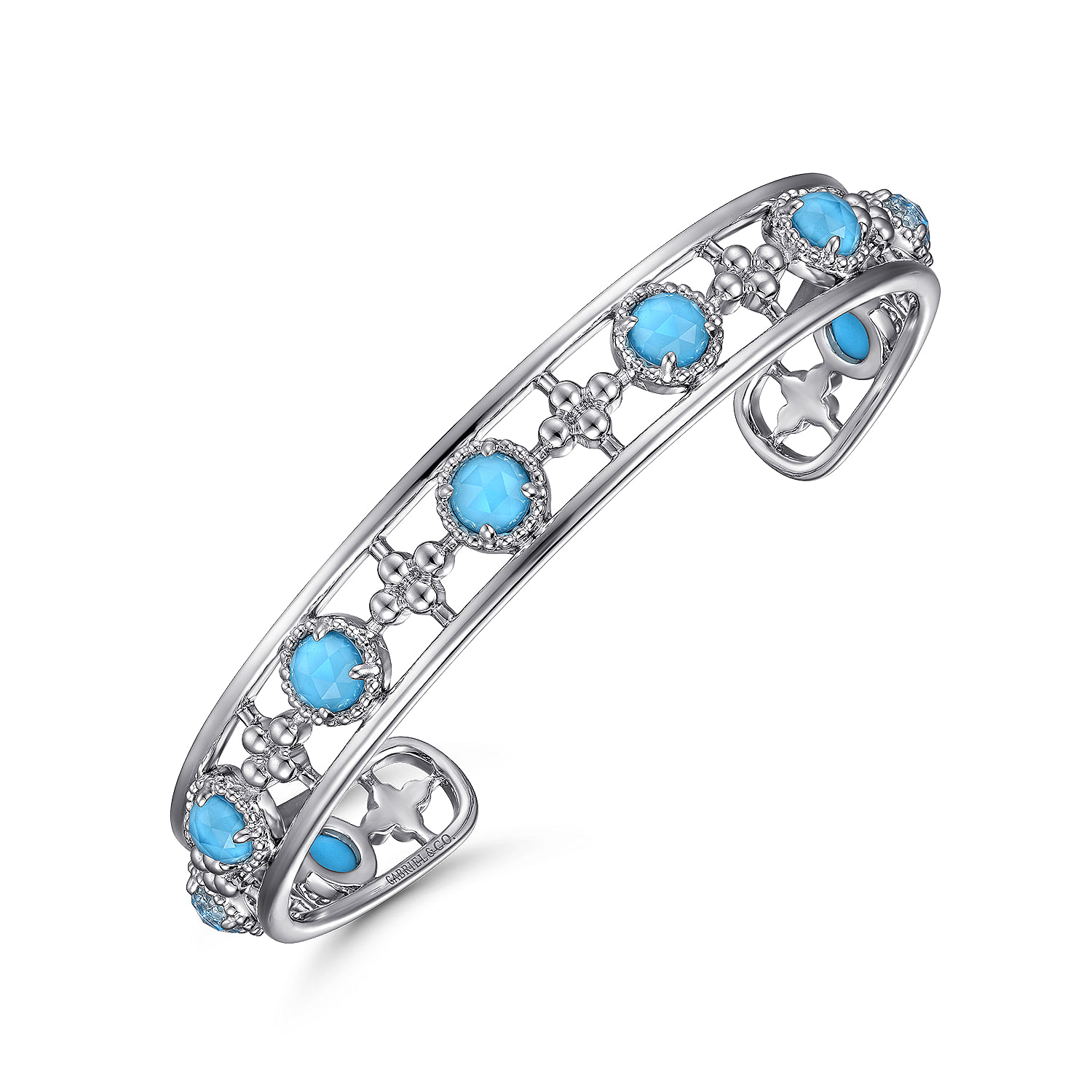 925 Sterling Silver Rock Crystal and Turquoise Station Cuff