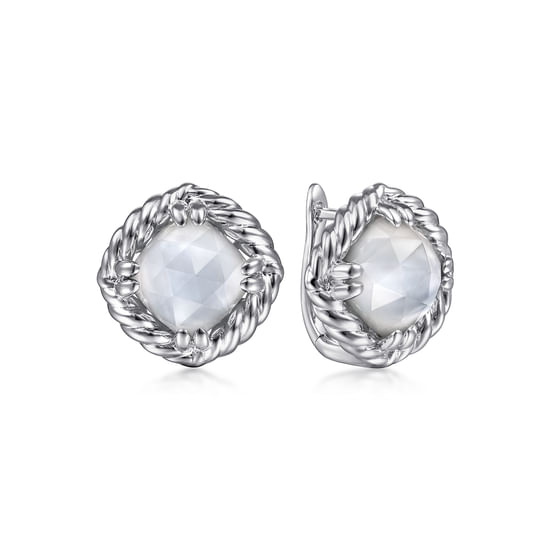 Gabriel - 925 Sterling Silver Rock Crystal and White MOP Stone Rope Framed Studs