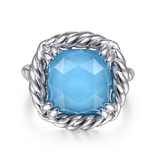 925 Sterling Silver Rope Rock Crystal and Turquoise Signet Ring