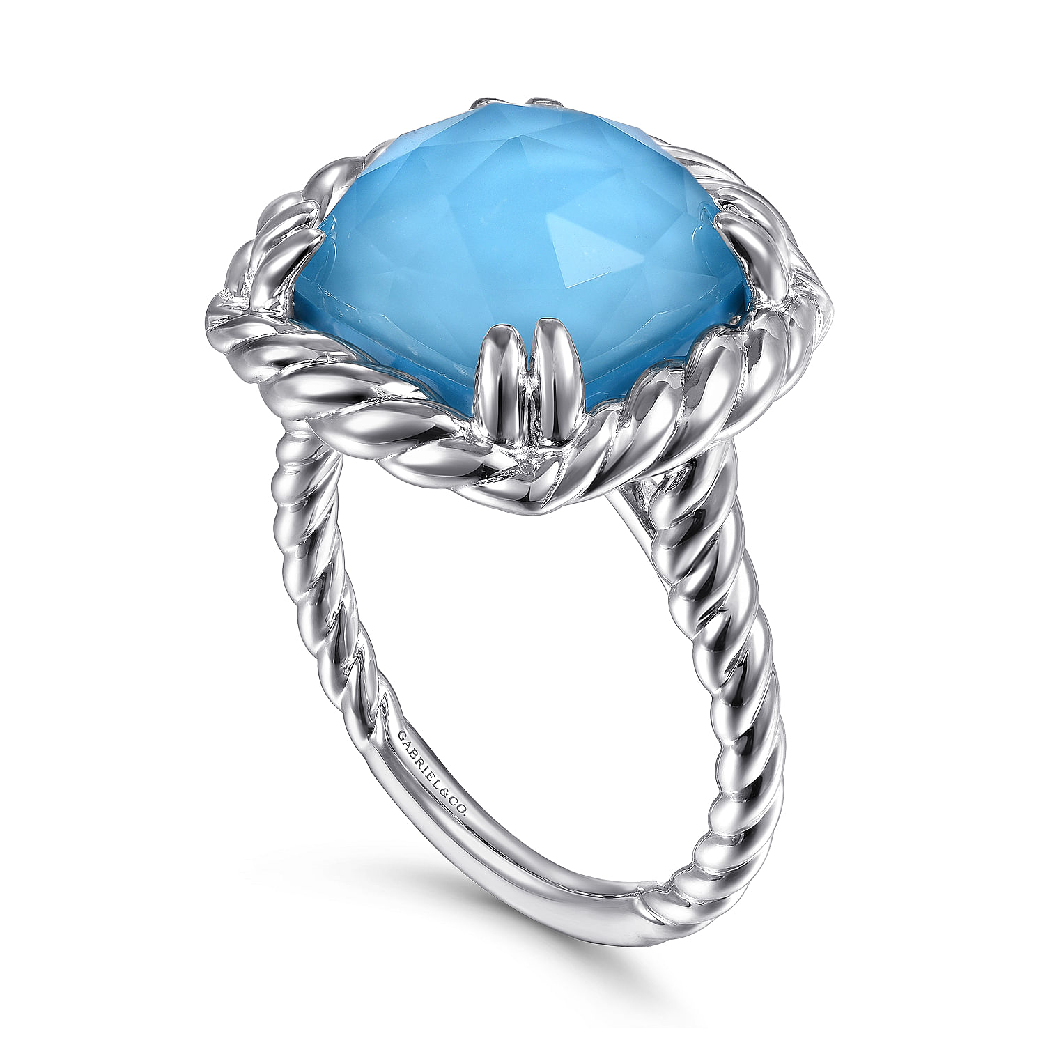 925 Sterling Silver Rope Rock Crystal and Turquoise Signet Ring