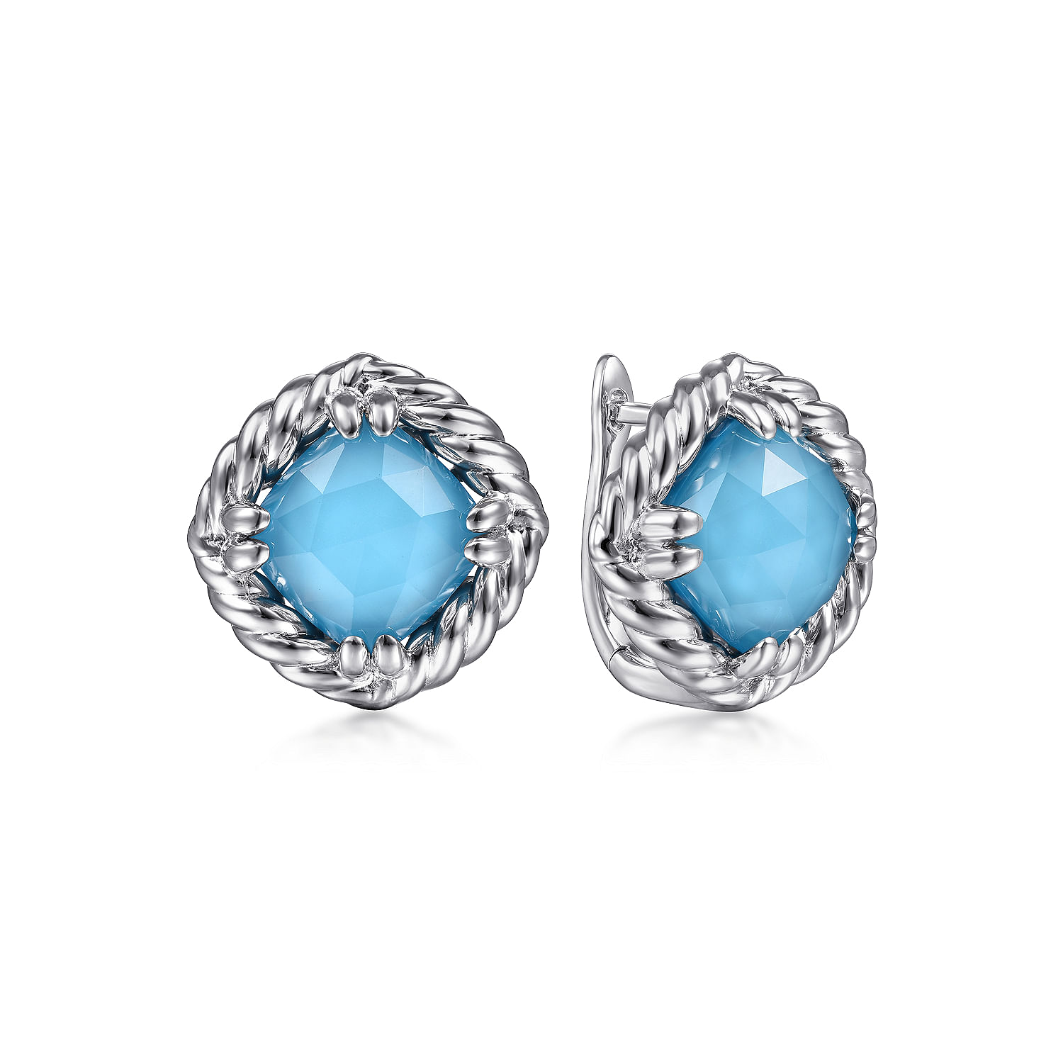 Gabriel - 925 Sterling Silver Rope Rock Crystal and Turquoise Stone Stud Earrings