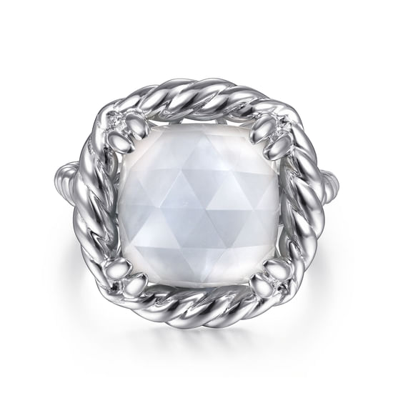Gabriel - 925 Sterling Silver Rope Rock Crystal and White Mother of Pearl Signet Ring