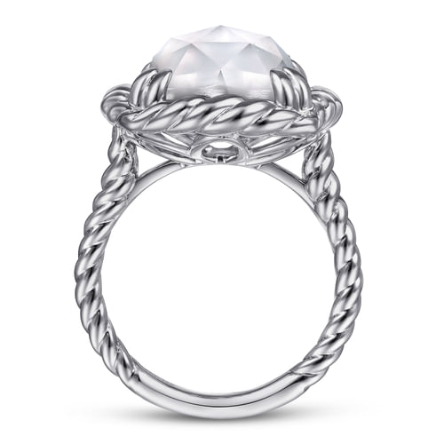 925 Sterling Silver Rope Rock Crystal and White Mother of Pearl Signet Ring