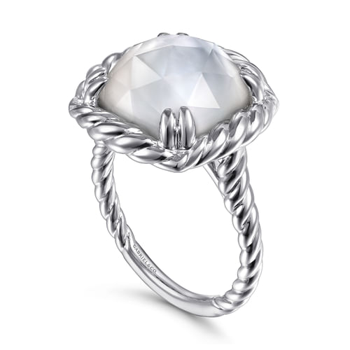 925 Sterling Silver Rope Rock Crystal and White Mother of Pearl Signet Ring