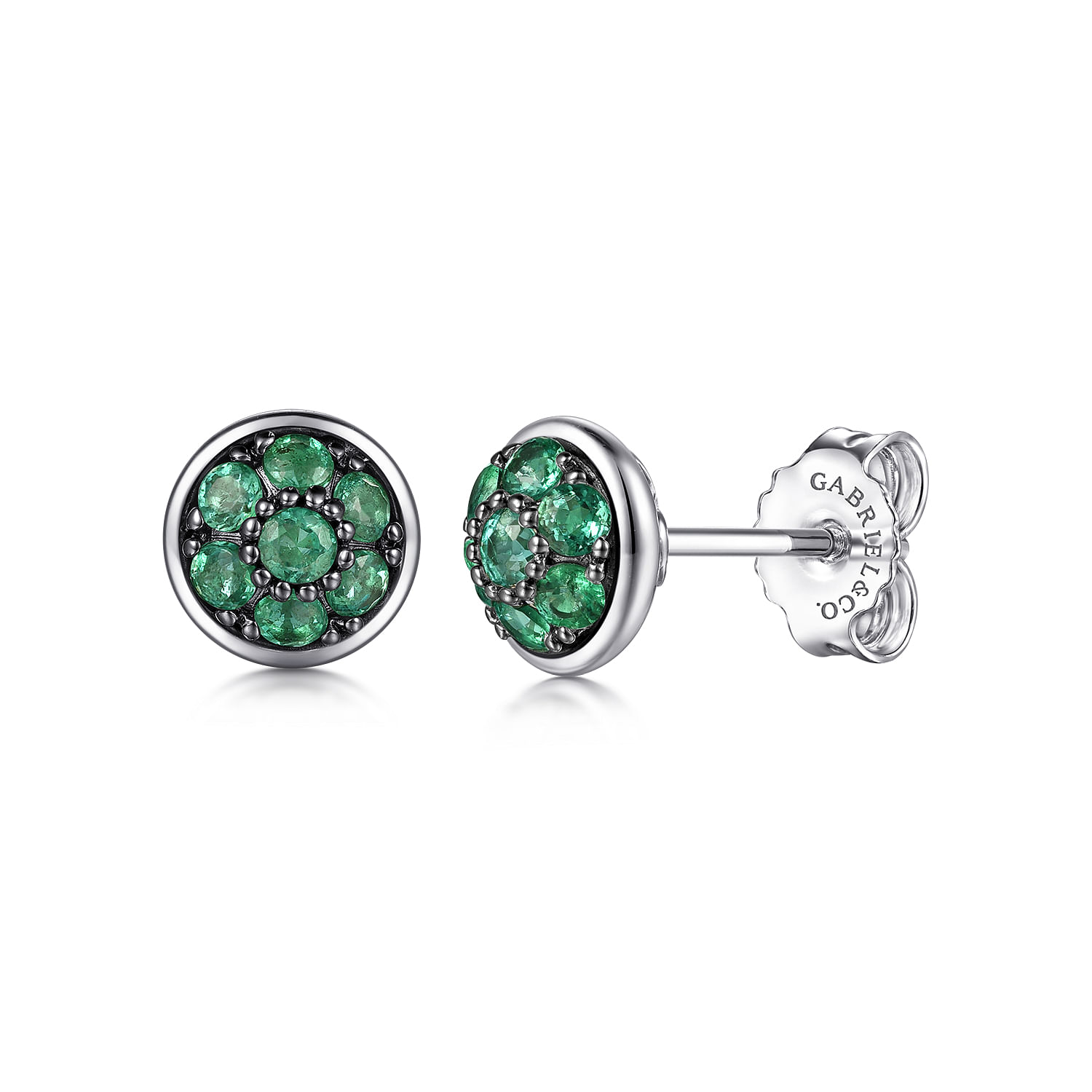 Gabriel - 925 Sterling Silver Round  Emerald Cluster Stud Earrings