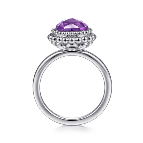 925 Sterling Silver Round Amethyst Bezel Set Ring with Bujukan Bead Halo