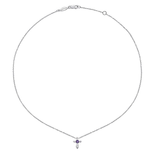 925 Sterling Silver Round Amethyst Cross Necklace