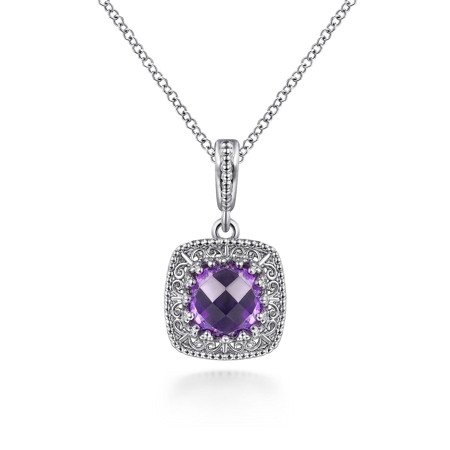 Gabriel - 925 Sterling Silver Round Amethyst with Filligree Frame Pendant Necklace