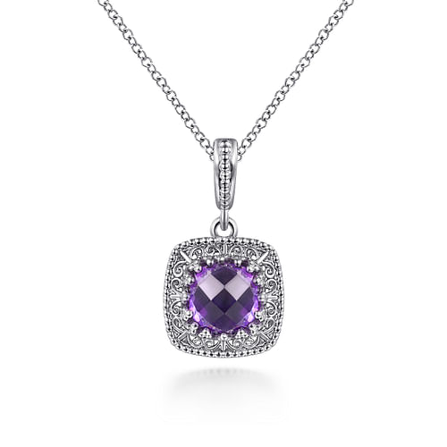 925 Sterling Silver Round Amethyst with Filligree Frame Pendant Necklace