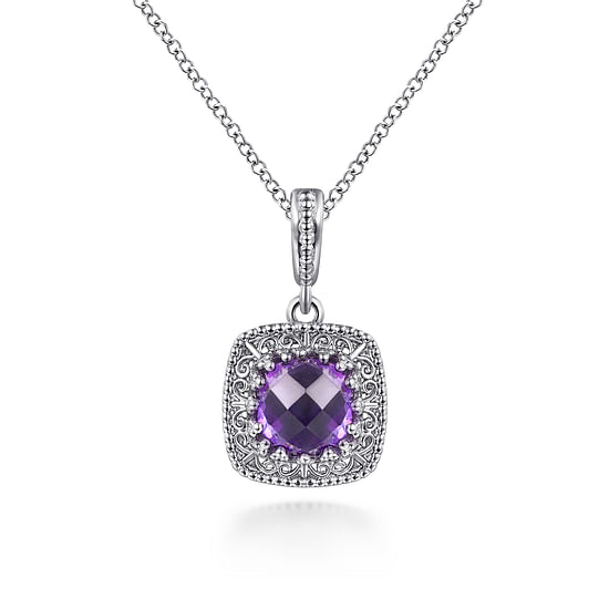 Gabriel - 925 Sterling Silver Round Amethyst with Filligree Frame Pendant Necklace