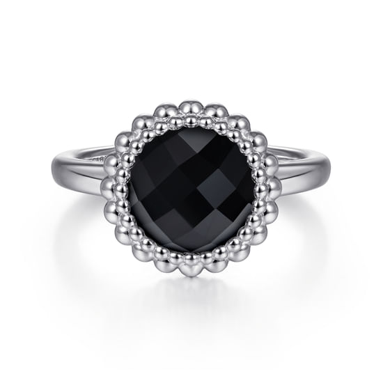 Gabriel - 925 Sterling Silver Round Black Onyx Bezel Set Ring with Bujukan Bead Halo