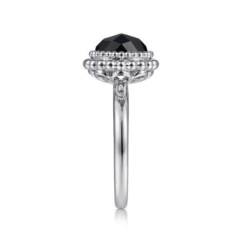 925 Sterling Silver Round Black Onyx Bezel Set Ring with Bujukan Bead Halo