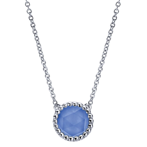 925 Sterling Silver Round Blue Onyx Pendant Necklace
