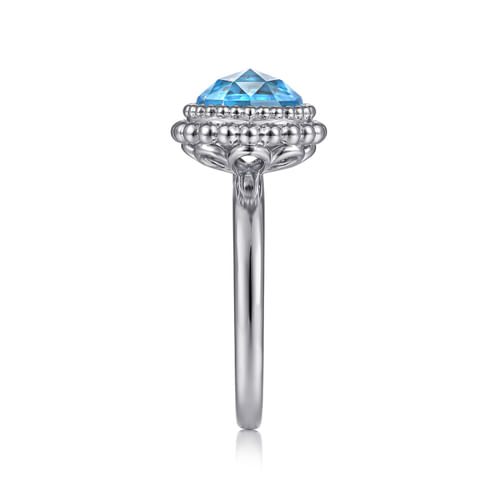 925 Sterling Silver Round Blue Topaz Bezel Set Ring with Bujukan Bead Halo