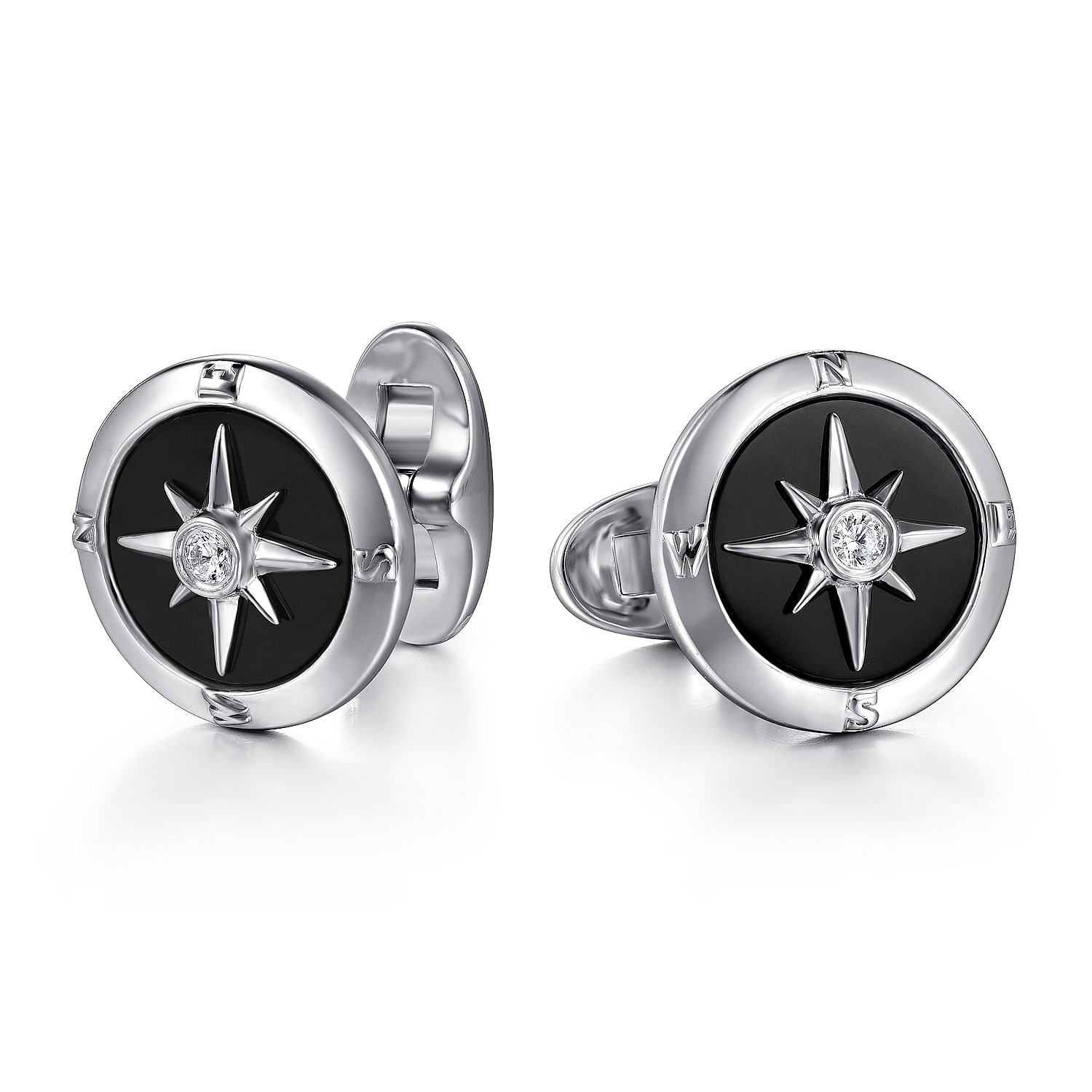 925 Sterling Silver Round Cufflinks with Diamond and Onyx