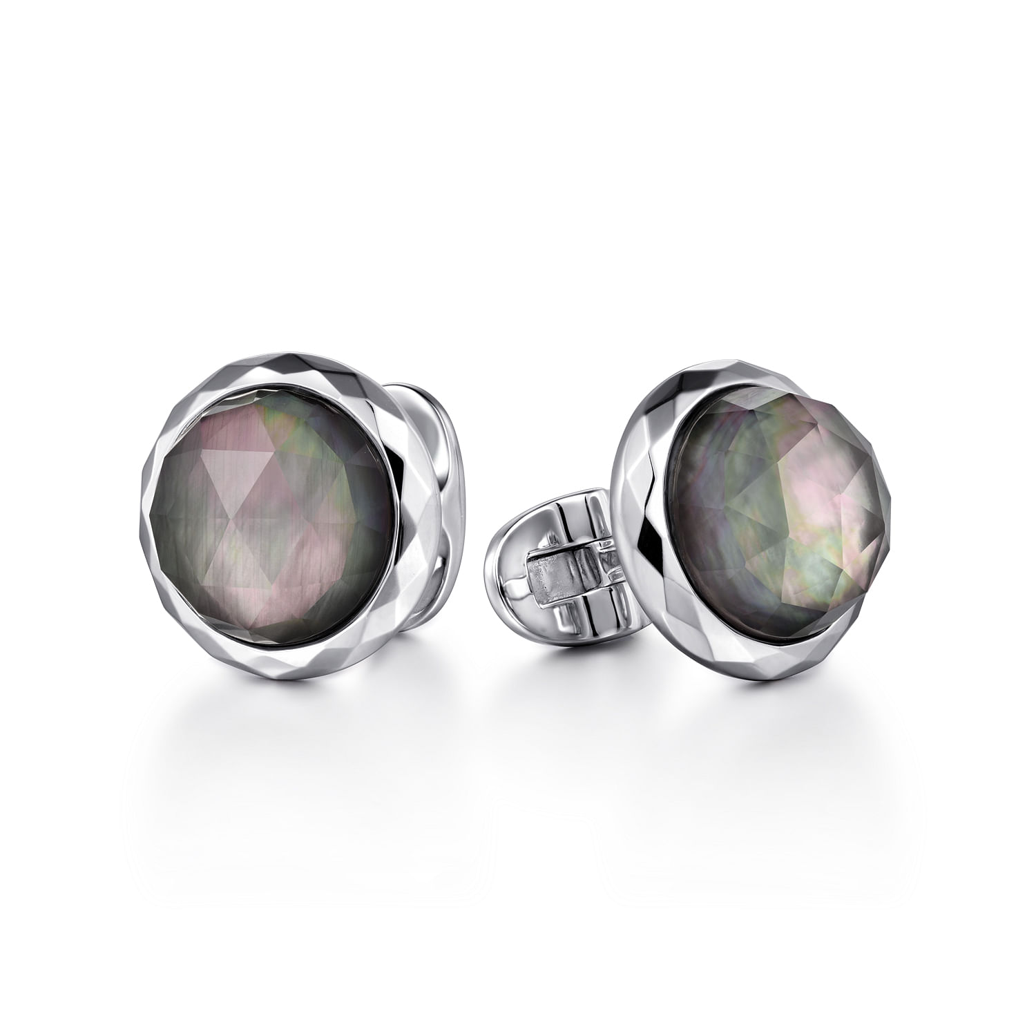 925 Sterling Silver Round Cufflinks with Faceted Black Mother of Pearl Stones