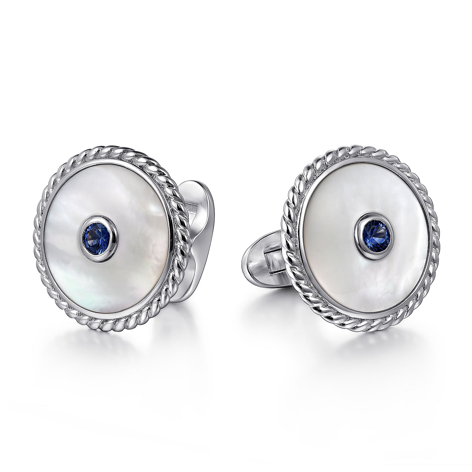 925 Sterling Silver Round Cufflinks with White Mother of Pearl and Sapphire
