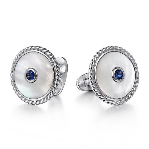 925 Sterling Silver Round Cufflinks with White Mother of Pearl and Sapphire