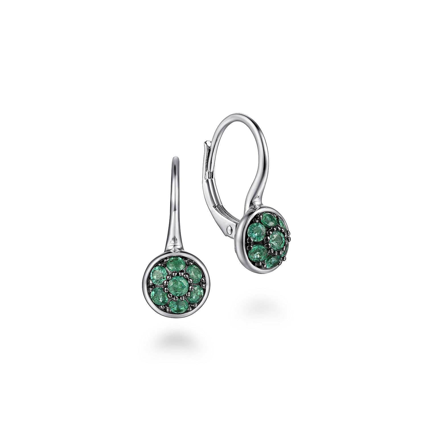 Gabriel - 925 Sterling Silver Round Emerald Cluster Leverback Drop Earrings