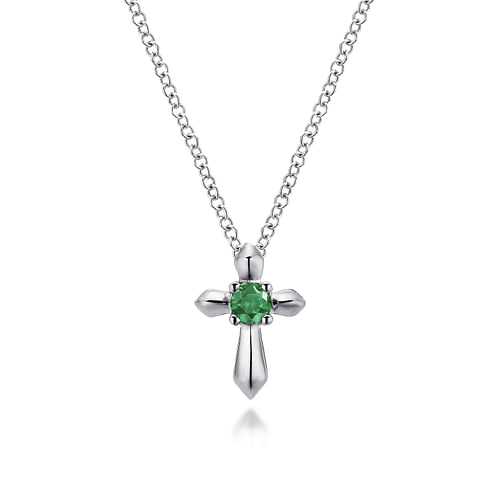 925 Sterling Silver Round Emerald Cross Necklace