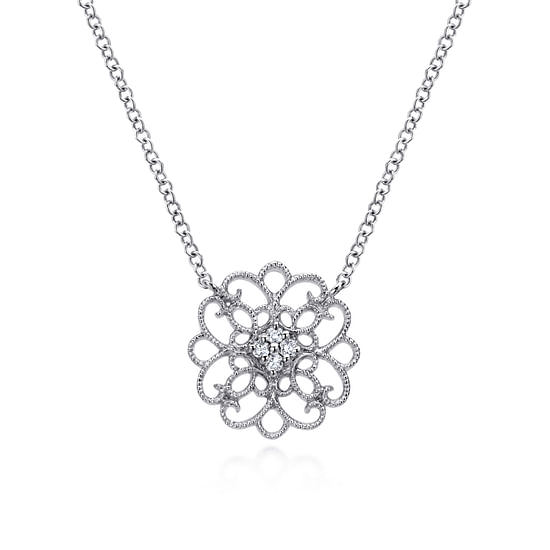 Gabriel - 925 Sterling Silver Round Filigree White Sapphire Pendant Necklace